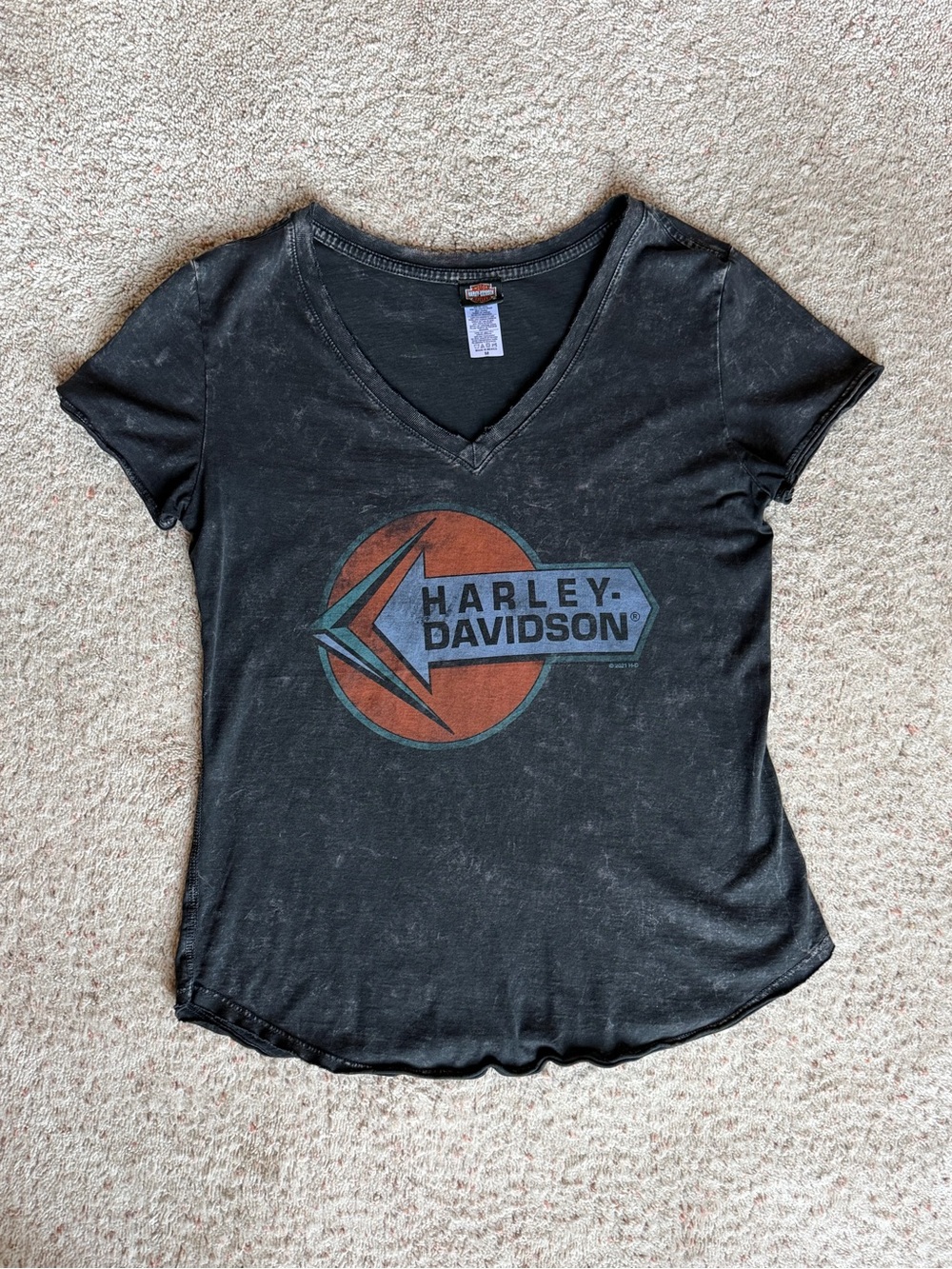 Harley-Davidson Black V-Neck Graphic Tee with Orange and Blue Logo